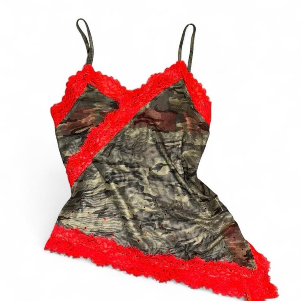 Camo Mesh Camisole w Red Lace Trim